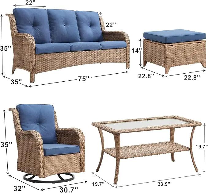 Outdoor Wicker Patio Furniture Set - 6 Piece Rattan Patio Conversation Set with 2 Rocking Swivel Chairs,2 Ottomans,1 Sofa and 1 Coffee Table for Porch Deck Backyard Garden(Yellow/Blue) by GreenHaven Gardens