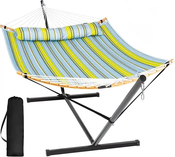 SUNCREAT Portable Outdoor Hammock with Stand Included, Double Hammock with Stand for Outside, Yellow Blue by GreenHaven Gardens