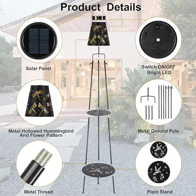 47.2'' Outdoor Metal Solar Floor Lamps with 2 Plant Stand Dragonfly Solar Lights Plant Stand Waterproof Solar Powered Outdoor Lantern Garden Decorative Light for Pathway Patio Porch Deck Yard by GreenHaven Gardens