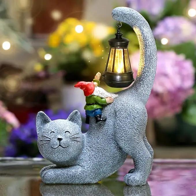 Cat Statue Garden Decor with Funny Gnome Figurine & Solar Lantern, Motherday Gifts for Mom,Birthday Gift for Women,Cat Statues for Garden,Patio,Yard Decoration, Gray, SR-C-003 by GreenHaven Gardens