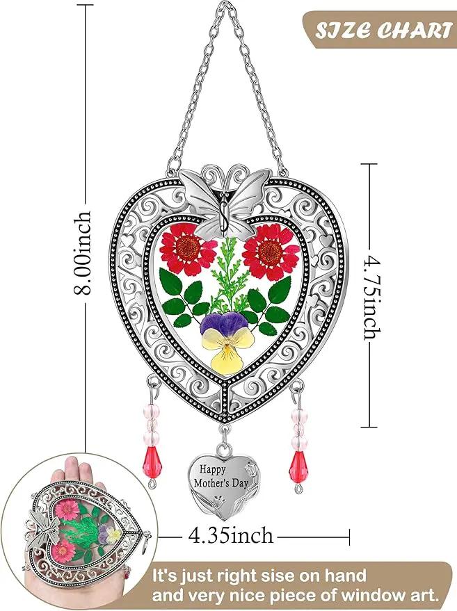 KY&BOSAM Suncatcher Happy Mother’s Day Stained Glass Tree of Life Heart Gifts Garden Ornament Wind Chimes for Windows Pressed Flower Between Heart in Glass Metal Engraved Charm as by GreenHaven Gardens