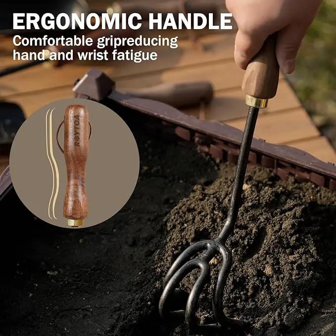 Hand Cultivator Rake, Ergonomic Small Garden Rake with Walnut Handle & 4 Durable Tines, Garden Tools for Weeding, Digging and Cultivating by GreenHaven Gardens