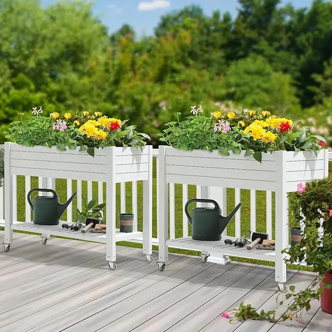 YITAHOME 43.3x17.7x34 in Elevated Garden Bed, Outdoor Plastic Planter Box with Wheels, Legs, Drain Plug, and Storage Shelf for Plants, Vegetables, Flowers, Herbs, Grayish-White by GreenHaven Gardens
