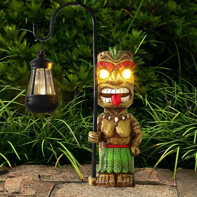 16.7" H Tiki Decor Garden Statue,Large Lantern Tiki Figurine with Solar Lights,Hawaiian Tiki Man Outdoor Patio Yard Lawn Bar Party Beach Pool Pond Halloween Christmas Decoration Ornament Gifts by GreenHaven Gardens
