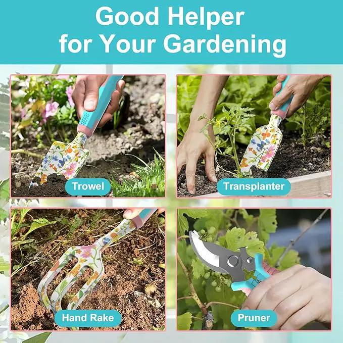 6 Pcs Garden Tool Set, Gardening Hand Tools Aluminum Alloy Starter Kit with Garden Bag, Heavy Duty Outdoor Tool Set with Ergonomic Handle, Gardening Gifts (Flower Pattern) by GreenHaven Gardens