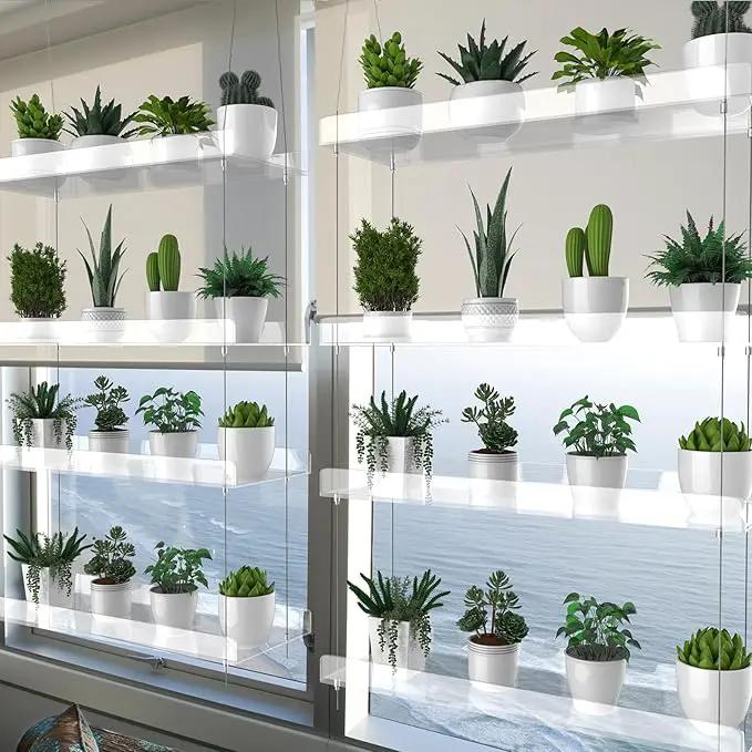 4-Tier Hanging Clear Plant Shelves for Windows, Acrylic Window Wall Plant Stand Shelf for Kitchen Indoor Gardens, Flower, Succulents, Herb, Seedling Organization, and Pots Display, 16 Inch per Tier by GreenHaven Gardens