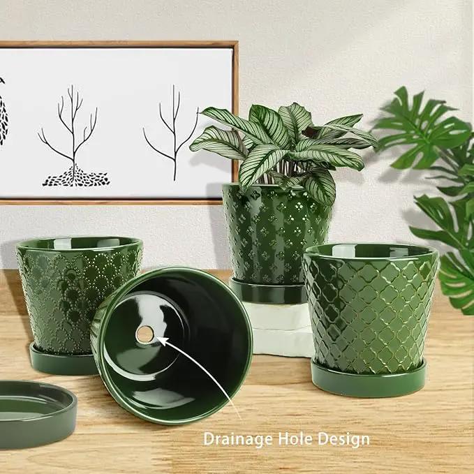 EFISPSS Ceramic Plant Pots, 5 Inch Planters with Drainage Holes and Ceramic Tray, Relief Design Flower Planter, Desktop Office Windowsill Decoration Gift Set of 4 - Blackish Green by GreenHaven Gardens