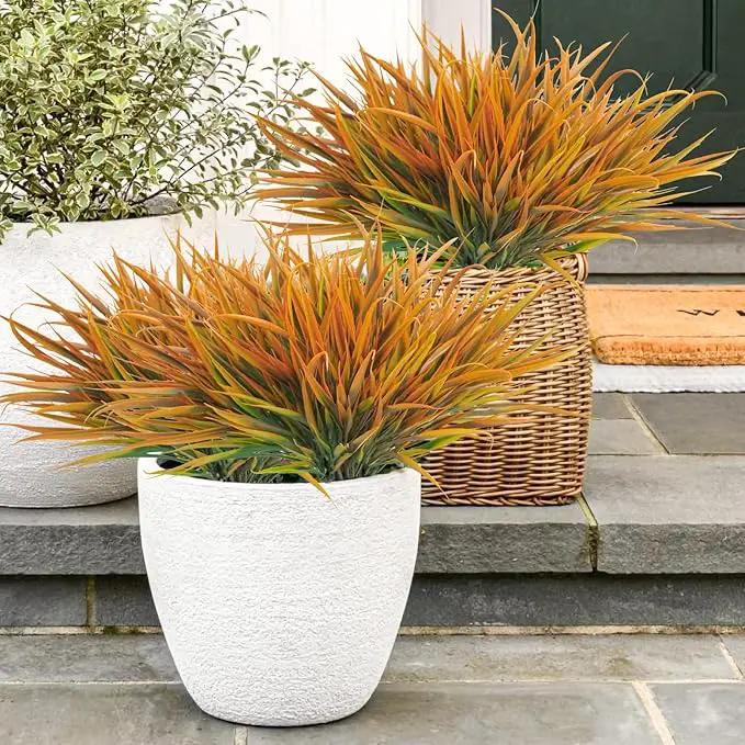 Uieke 6 Bundles Artificial Outdoor Plants UV Resistant Fake Grass Plants Faux Plastic Plants Greenery Shrubs for Home Garden Pathway Window Box Front Porch Summer Fall Decor, Autumn Orange by GreenHaven Gardens