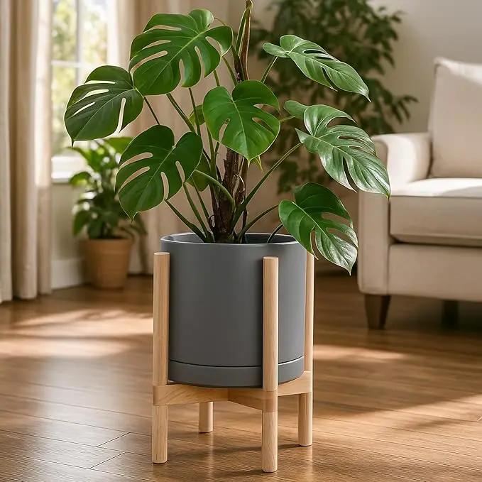 D'vine Dev Ceramic Planter with Natural Stand - 12 Inch Modern Round Flower Pot with Wood Planter Holder, Grey, 55-B-J-3 by GreenHaven Gardens