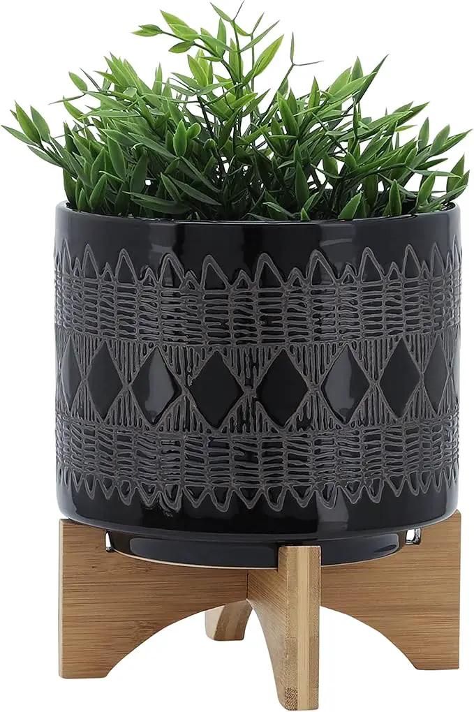 Sagebrook Home Black and Gray Aztec Design Ceramic Planter with Solid Rubberwood Stand for Tabletop Display in Living Room, Bedroom, or Office by GreenHaven Gardens