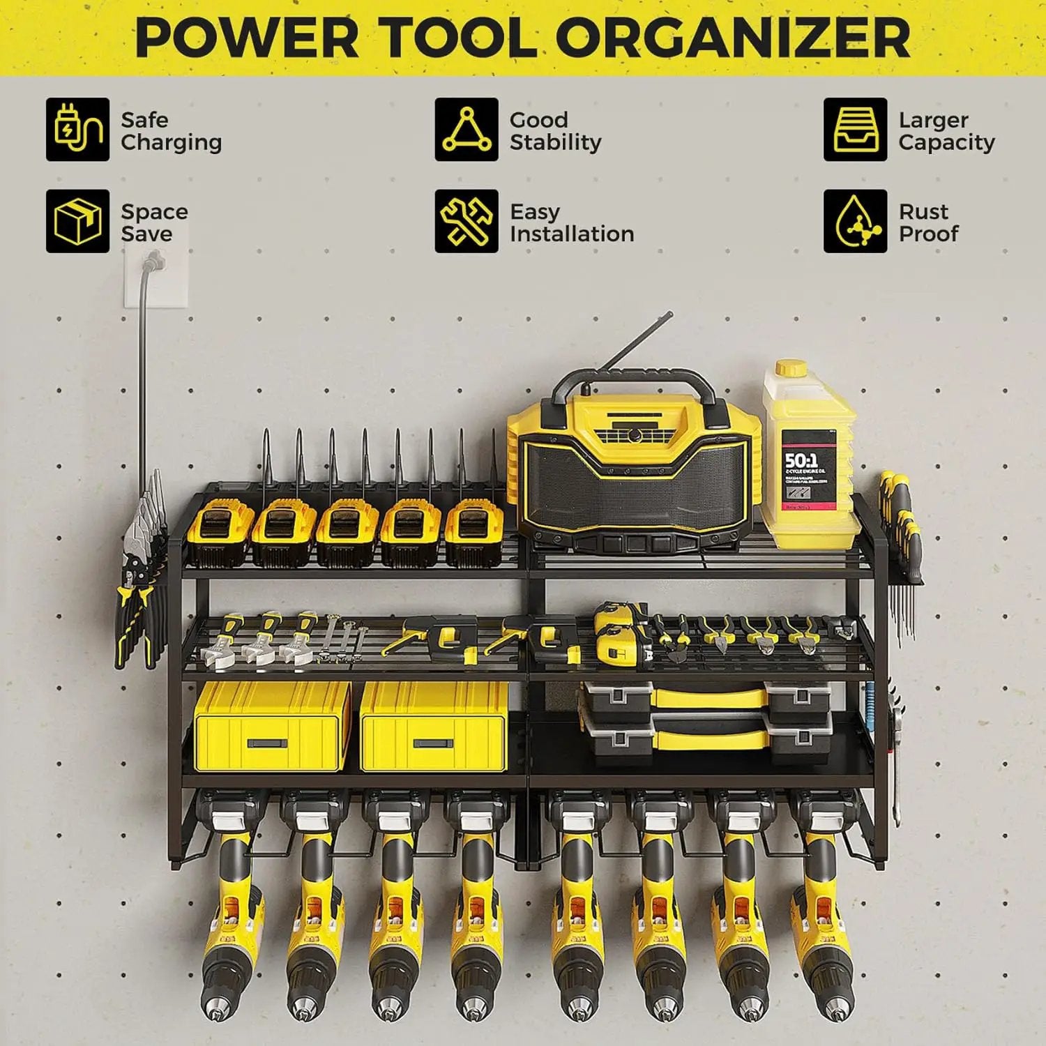 ‌Heavy Duty 4-Layer Power Tool Organizer Wall Mount with 8 Outlet Power Strip- Holds 8 Cordless Drills, 400lbs Capacity Metal Garage Storage Rack‌ by GreenHaven Gardens