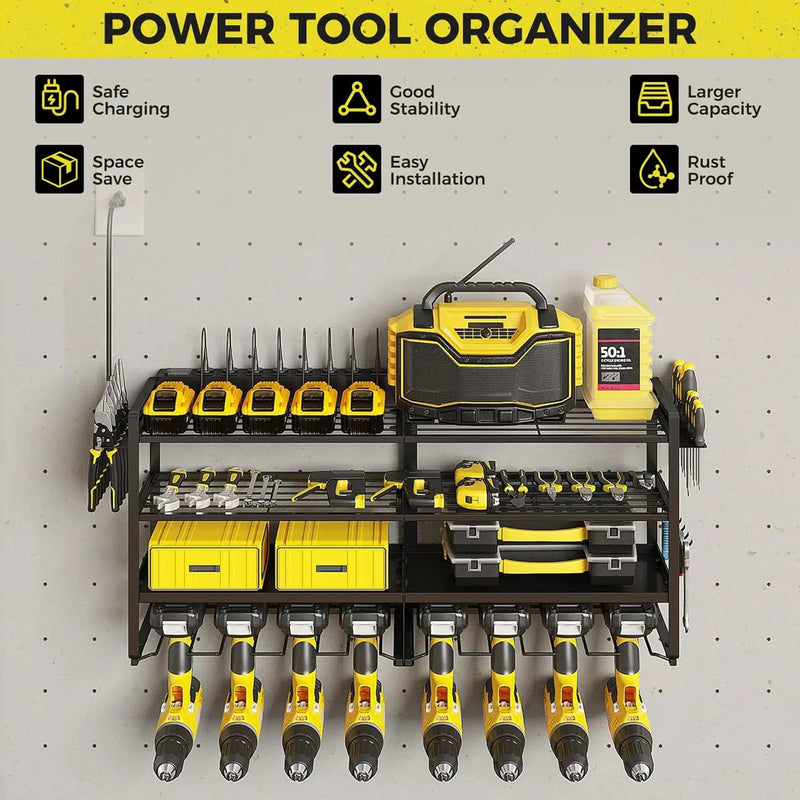 ‌Heavy Duty 4-Layer Power Tool Organizer Wall Mount with 8 Outlet Power Strip- Holds 8 Cordless Drills, 400lbs Capacity Metal Garage Storage Rack‌ by GreenHaven Gardens