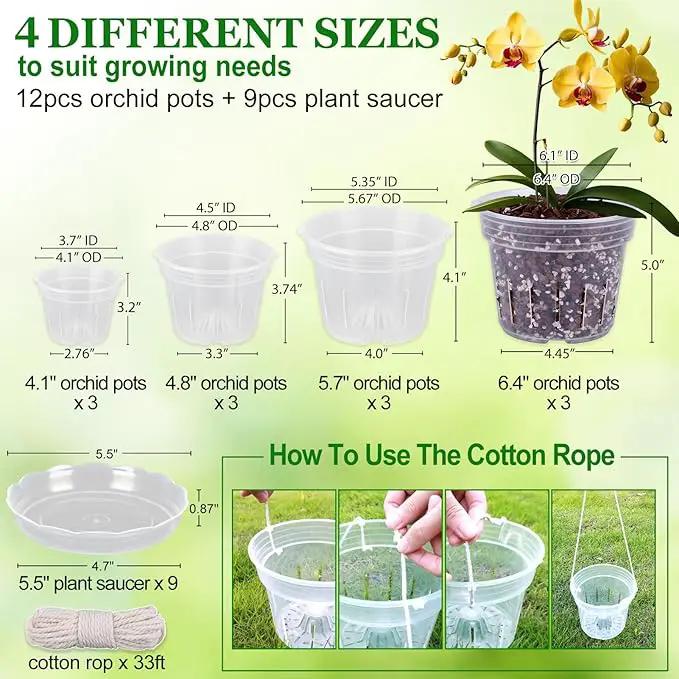 REMIAWY Orchid Pot, 12 Orchid Pots with Holes and 9 Saucers, 3 Each of 4.1, 4.8, 5.7 and 6.4 Inch Clear Flower Planter for Repotting, Plastic Breathable Plant Nursery Planters with Drainage by GreenHaven Gardens