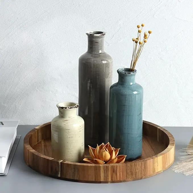 CUCUMI Ceramic Flower Vases Set of 3, Rustic Coastal Home Decor for Farmhouse Shelves, Ocean Beach Style, Mantle, Fireplace, Coffee Table, Shelf for Living Room by GreenHaven Gardens