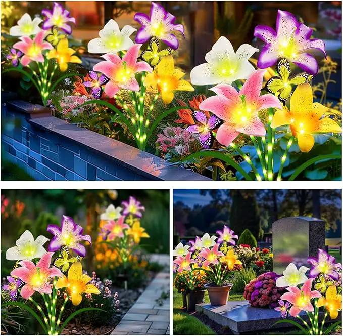 Solar Garden Lights 2 Pack 8 Lily Flowers with Butterfly Decor, Waterproof Solar Flower Lights for Outdoor - Upgraded Decorative Lilies for Yard, Patio, Pathway Decorations & Gardening Gifts by GreenHaven Gardens