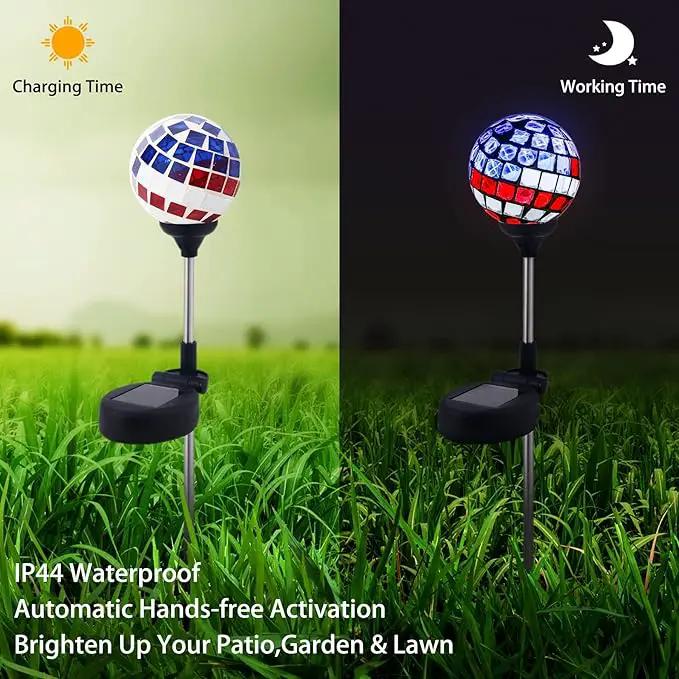 WNP Solar Powered Outdoor Garden Light Stakes Decoration,Mosaic Globe 4th of July Stake Solar Light Garden Decor,Solar Glow Glass Ball Lights Waterproof Decor Light for Patio Pathway,Yard by GreenHaven Gardens