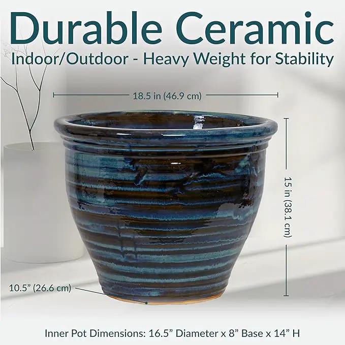 Sunnydaze Studio Large Ceramic Plant Pot - Round Outdoor Glazed Ceramic Planter Pot with Drainage - Galaxy Blue - 18.5" by GreenHaven Gardens