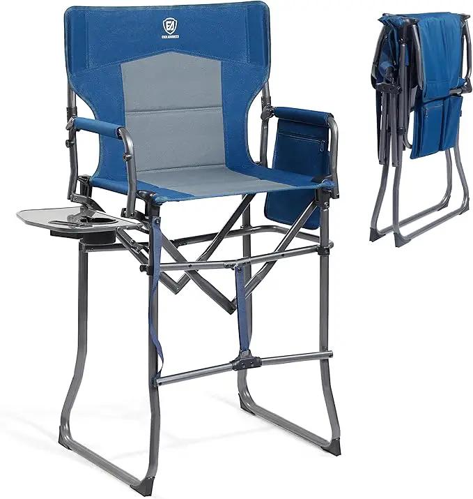 EVER ADVANCED Portable 30.7" Seat Height Tall Folding Chair Directors Chair High Foldable Bar Stool with Side Table for Makeup Artist, Camping, Sports Event, Craft Show, Supports 350LBS Blue Grey by GreenHaven Gardens