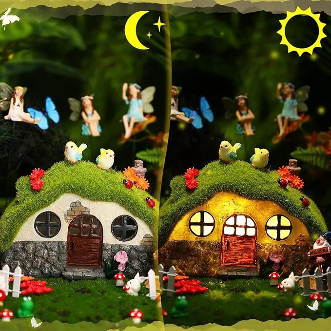 Suzile 50 Pcs Solar Fairy House Garden Accessories Light up Flocked Fairy House Garden Kit Green Resin Miniature Mushroom Figures Micro Landscape Ornament(Stone House) by GreenHaven Gardens