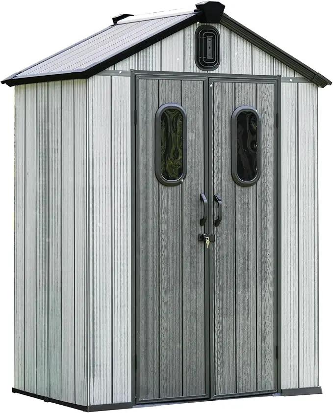 Domi 5x3 FT Outdoor Resin Storage Shed, All-Weather Double-Wall Storage Building for Backyard, Garden, Lawn Tools, Mower, Bike & Pool Equipment, Lockable Doors, Ventilated Roof, Grey by GreenHaven Gardens