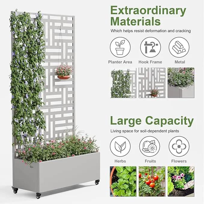 Casaphoria Metal Raised Garden Bed with Trellis and Wheels, 72"x35"x16" Planter Box for Climbing Plants, Vegetables & Vines, Features Drainage Holes and Privacy Screen (Grey-Helen) by GreenHaven Gardens