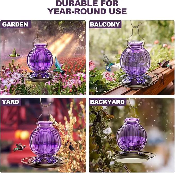 Glass Hummingbird Feeder for Outdoors Hanging, Bird Nectar Feeder with Perch & 5 Flower Feeding Ports, 26 Oz Leak Proof for Outside Garden Decor Backyard, Gifts for Women Mom, Purple by GreenHaven Gardens