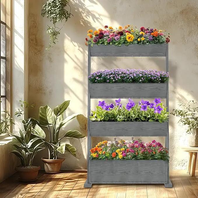 SUNYRISY 4 Tiers Vertical Raised Garden Bed Outdoor Planter Tower, Wooden Freestanding Planter Box for Planting Herbs Flowers Vegetables Backyard Patio Balcony Indoor Outdoor Gardening, Grey by GreenHaven Gardens