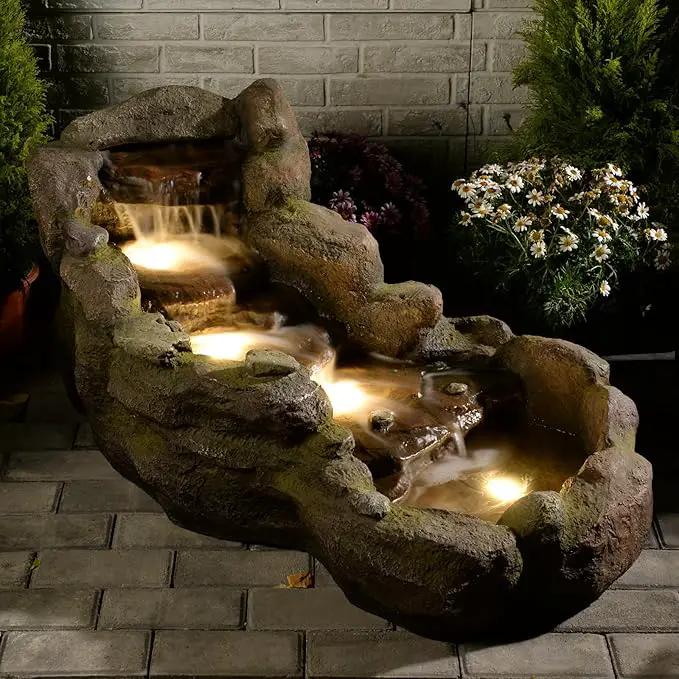 42 in Natural-Style Tier Garden Rock Water Fountain Outdoor, Floor-Standing Fountains That Feature Gentle Waterfall and LED Lights for Patio, Backyard, Deck, Porch, Home Décor by GreenHaven Gardens