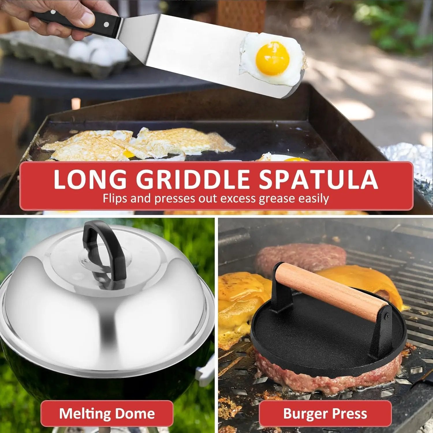 Griddle Accessories Set of 25, Leonyo Grill Accessories for Outdoor, Commercial BBQ Tools Grilling Smash Burger Press Kit with Enlarged Metal Spatulas Scraper for Flat Top Grill, Hibachi, ABS Handle by GreenHaven Gardens