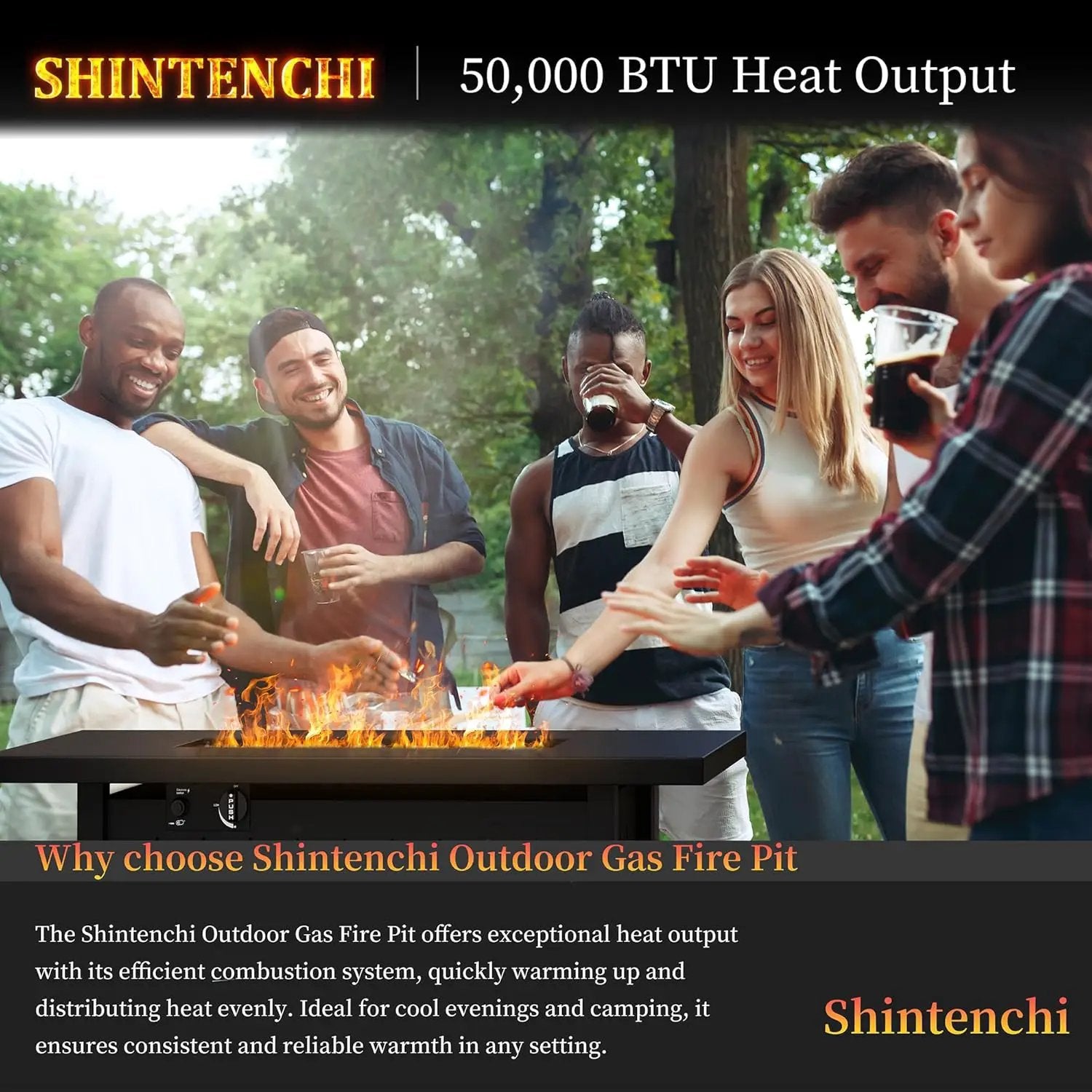 Shintenchi 43 Inch Fire Pit Table, 50,000 BTU Outdoor Propane Fire Table, Outdoor Steel Propane Fire Pit with Lid and Lava Rock for Garden, Yard, Camping, Pool Use, Black by GreenHaven Gardens