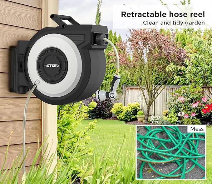 Tuyeho Retractable Garden Hose Reel 90 FT, Wall Mount Heavy Duty Water Hose Reels with Automatic Slow Rewind System, Outdoor Hoses Reel with 2 Hose Nozzles for Garden Watering, Car Wash, Pet Shower by GreenHaven Gardens