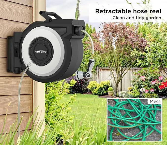 Tuyeho Retractable Garden Hose Reel 5/8" x 90 ft, Wall Mount Water Hose Reels with Automatic Slow Rewind System, Outdoor Hoses Reel with 2 Hose Nozzles for Garden Watering, Car Wash, Pet Shower by GreenHaven Gardens