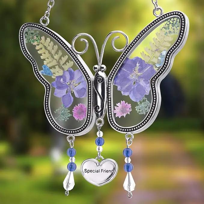 Laraine Butterfly Suncatcher with Pressed Flower Wings Mom Mother's Day Butterfly Glass Wind Chime Ornament Charm with Metal Heart Gifts for Mom Grandma Aunt Birthday (Purple Friend (with Free Hook)) by GreenHaven Gardens