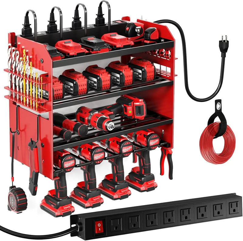 Power Tool Organizer Wall Mount with Charging Station,Tool Storage Rack with 8 Outlet Power Strip,Heavy Duty Metal Battery Utility Rack with 4 Cordless Drill Holder 6.56 Ft Cord for Garage by GreenHaven Gardens