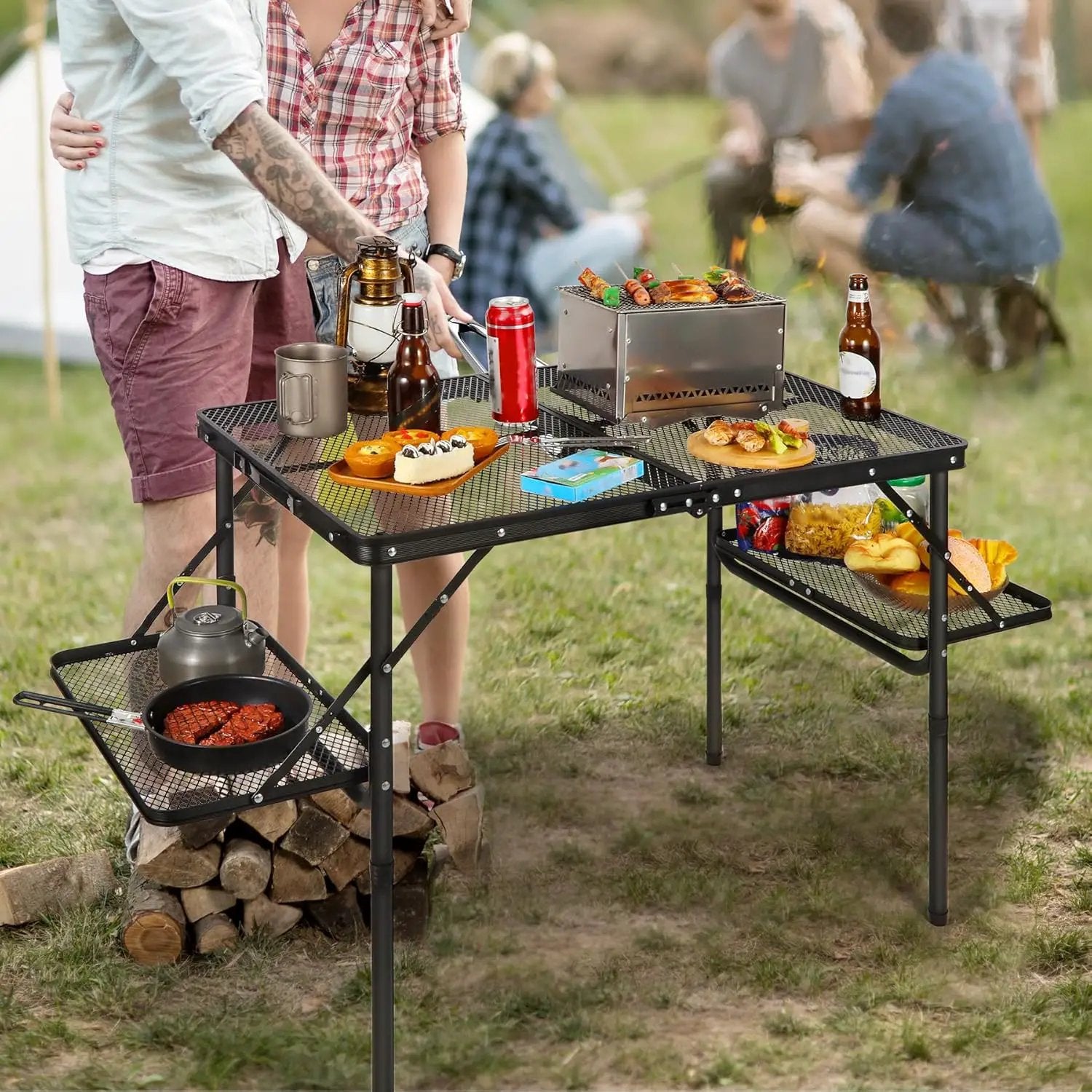 RedSwing Folding Grill Table with Extension Space, Adjustable Height Portable Large Stand Camp Table for Outdoor Indoor Camping Picnic BBQ, Black with Side Panels by GreenHaven Gardens