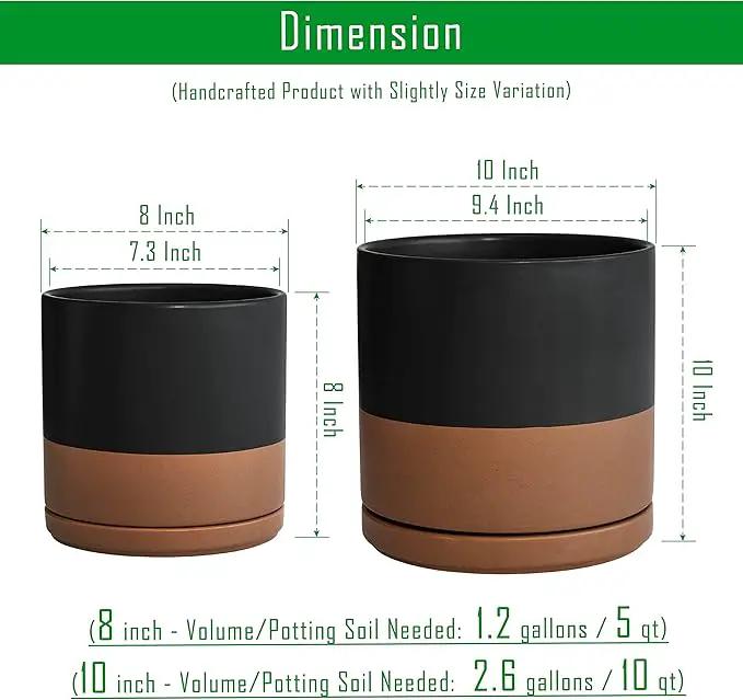 D'vine Dev 8 Inch & 10 Inch Ceramic Planter Pot for Plants with Drainage Hole and Saucer, Large Plant Pots Set, Black/Speckled Tan, 94-G-L-7 by GreenHaven Gardens