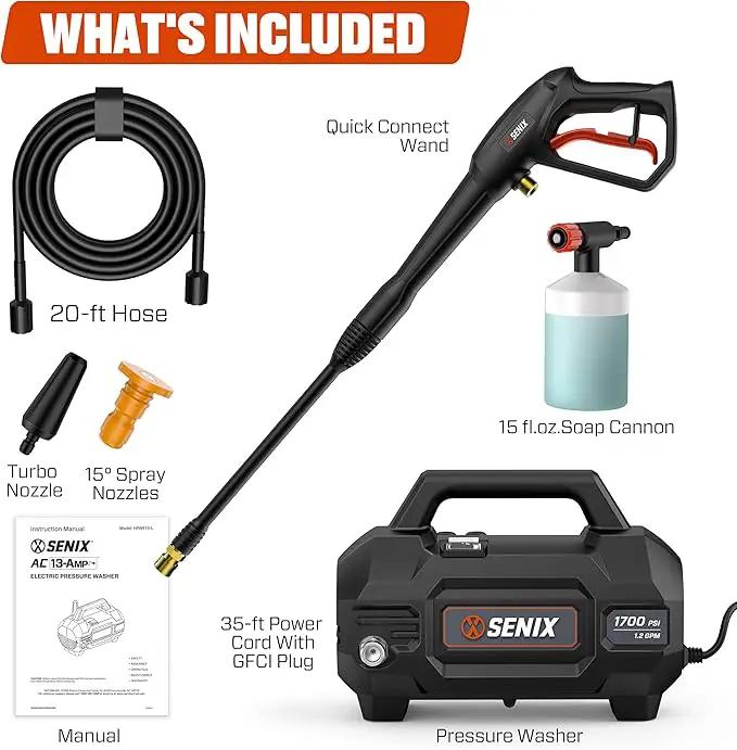 SENIX 13 Amp Electric Pressure Washer - 2100 PSI MAX, 1.2 GPM, Compact with Foam Cannon, Spray Gun, 20-ft Hose, Turbo Nozzle, and 15° Spray Nozzles - Perfect for Cars and Driveways by GreenHaven Gardens