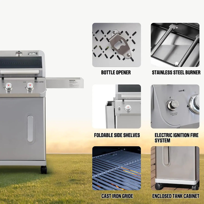 Monument Grills 2-Burner Stainless Steel Liquid Propane Gas Grill, Two Foldable Shelves Patio Garden Barbecue Grill with Clearview® Lid, Knob Control Mesa200S by GreenHaven Gardens