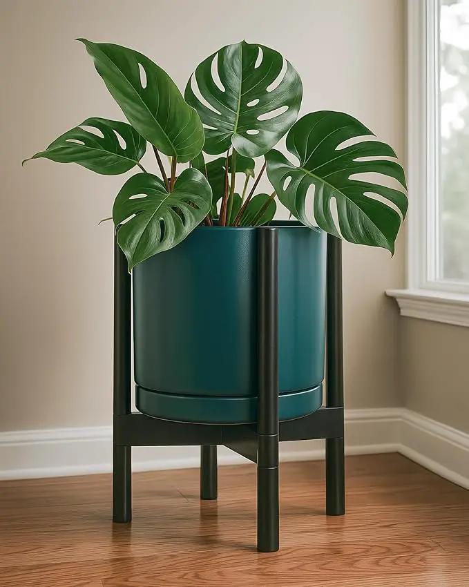 D'vine Dev Ceramic Planter with Ebony Stand - 12 Inch Modern Round Flower Pot with Wood Planter Holder, Teal, 55-B-H-4 by GreenHaven Gardens