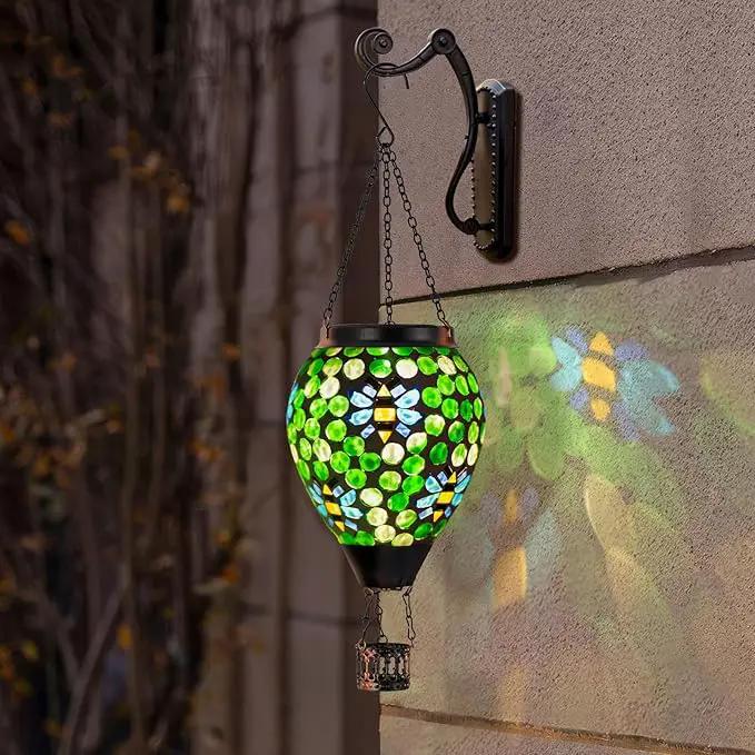 Bee Solar Hot Air Balloon Lantern Outdoor Waterproof, Green Mosaic Glass Hanging Solar Lantern Lights, Outdoor Hanging Lights for Patio Yard Garden Gift for Mom Grandma Women by GreenHaven Gardens
