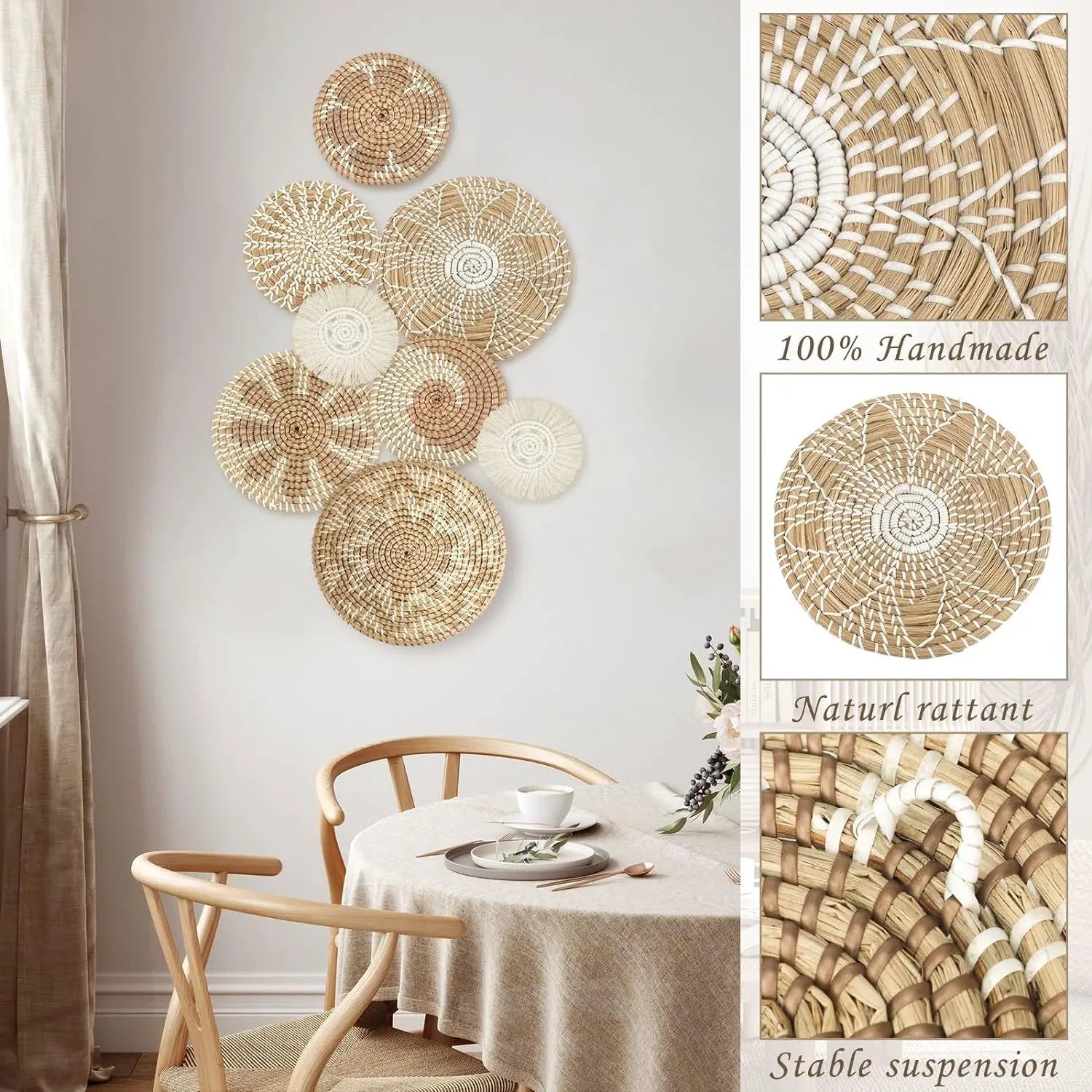 Xuhal Set of 8 Hanging Woven Wall Basket Handmade Decorative Rustic Boho Basket Decor Handcrafted Wicker Round Seagrass Wall Art for Home Kitchen Farmhouse Table Living Room(Classic) by GreenHaven Gardens