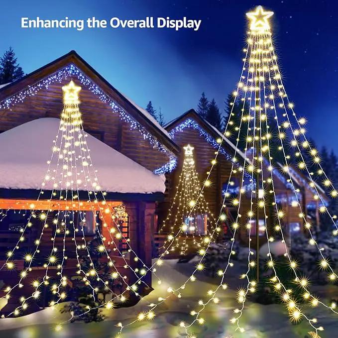 BlcTec Outdoor Christmas Decorations, 317 LED Christmas Lights with 9 Strands 11.9ft Waterfall Christmas Tree Lights, 8 Modes, Waterproof, Topper Star & Timer for Yard Patio Xmas Décor, Warm White by GreenHaven Gardens