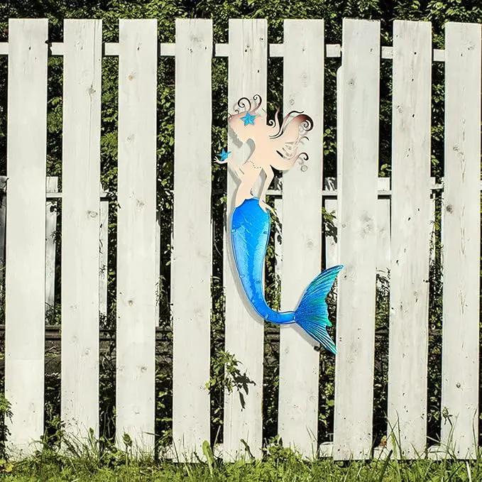John's Studio Mermaid Wall Decor Outdoor Metal Fish Bathroom Hanging Art Glass Blue Ocean Theme Decorations for Home, Pool and Patio by GreenHaven Gardens