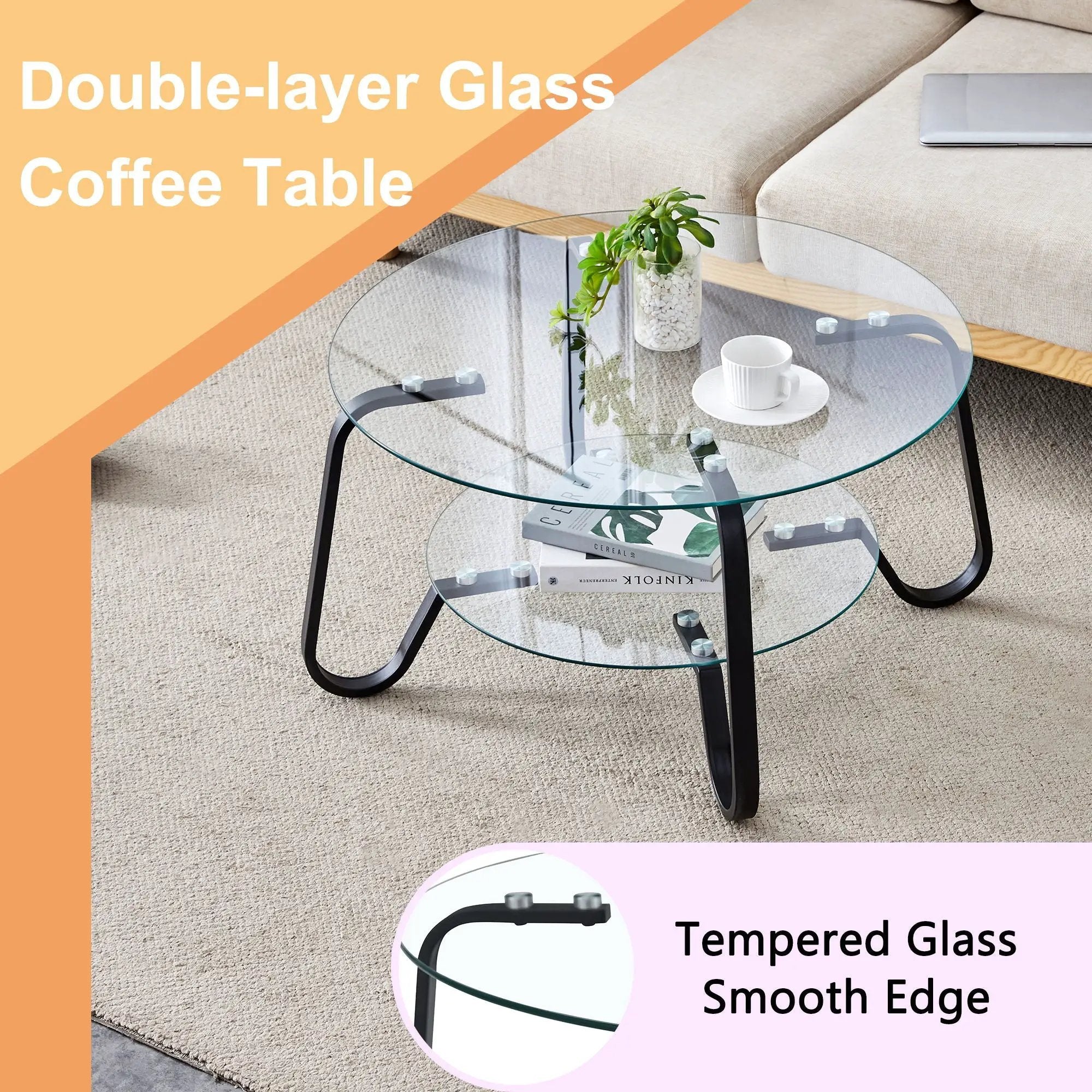 Retro Minimalist Style Metal Frame Double Layer Tempered Glass Coffee Table by HouseOfZazla