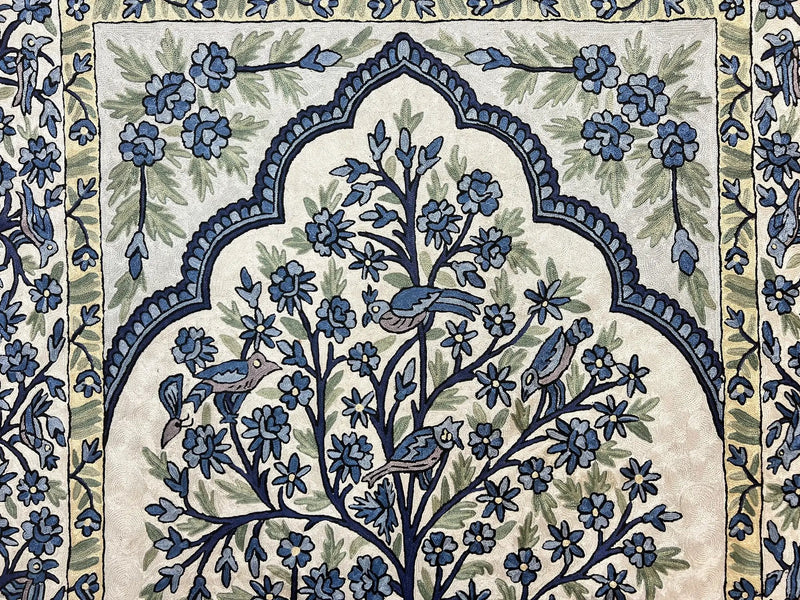 Tree of Life Indian Hand Stitched Rug 4x6, Indian Wall Hanging Rug, Ivory Blue, Silk on Cotton, Vintage by Jewel Rugs
