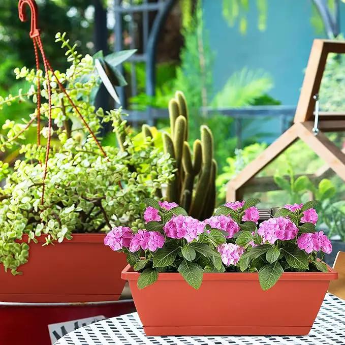 Window Box Planter, 7 Pack Plastic Vegetable Flower Planters Boxes 17 Inches Rectangular Flower Pots with Saucers for Indoor Outdoor Garden, Patio, Home Decor (Red) by GreenHaven Gardens