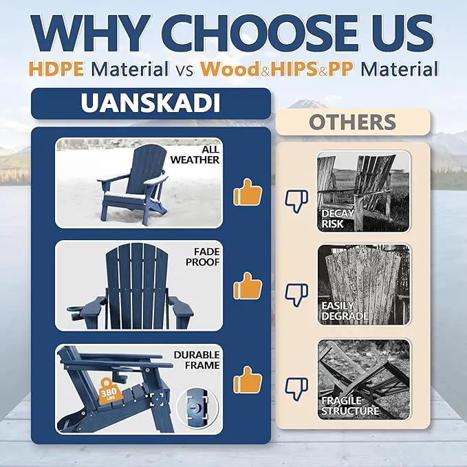 Folding Adirondack Chair Set of 4 with Cup Holder, HDPE All Weather Resistant Plastic Outdoor Patio Chairs, Heavy Duty Fire Pit Seating for Backyard Lawn Garden, Wooden Textured Design(Navy Blue) by GreenHaven Gardens