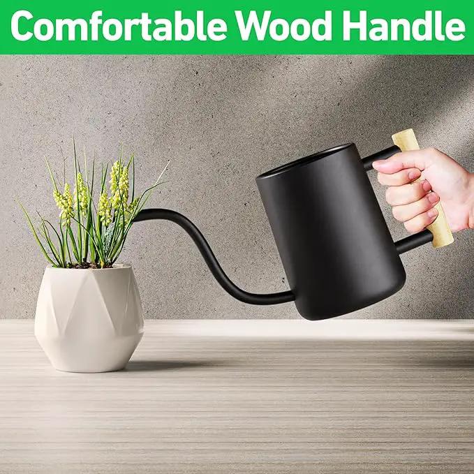 35 Ounce Metal Small Indoor Watering Can with Long Spout & Real Wood Handle for House Plants, Succulents, Cacti & Seedlings - Black Long Spout Watering Can Indoor Plants - Gentle Flow & No Spills by GreenHaven Gardens