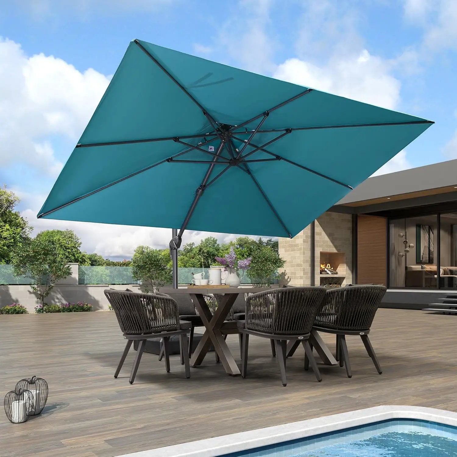 PURPLE LEAF 9' X 12' Patio Umbrella with Base Outdoor Rectangle Umbrella Large Cantilever Umbrella Heavy Duty Outdoor Market Umbrella for Garden Deck Backyard Pool Turquoise Blue by GreenHaven Gardens