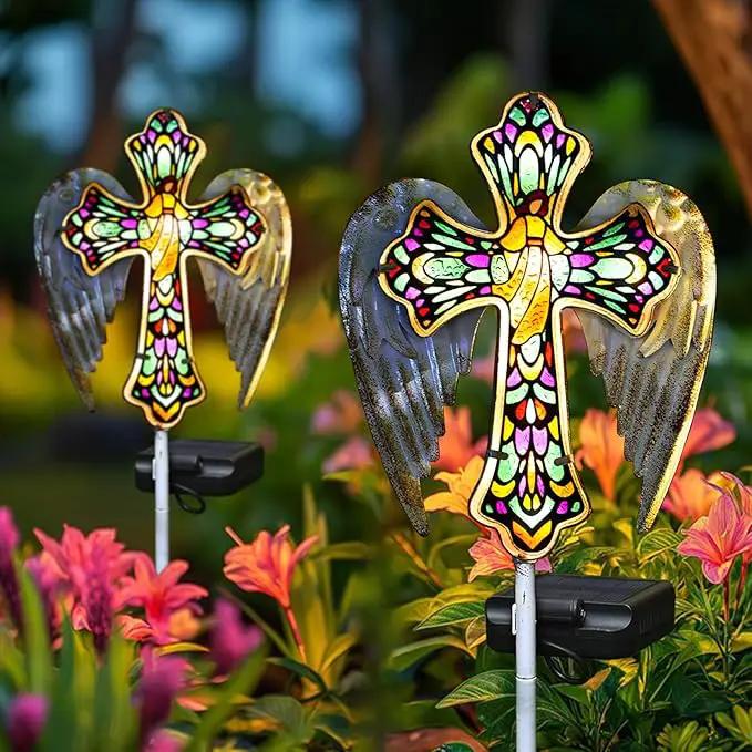 YJFWAL Solar Glass Cross Garden Stake Light, Cemetery Decorations for Grave Outdoor Lights, Jesus Cross Angel Wings Sympathy Memorial Gifts, for Easter Halloween Garden Lawn Yard Patio Decor by GreenHaven Gardens